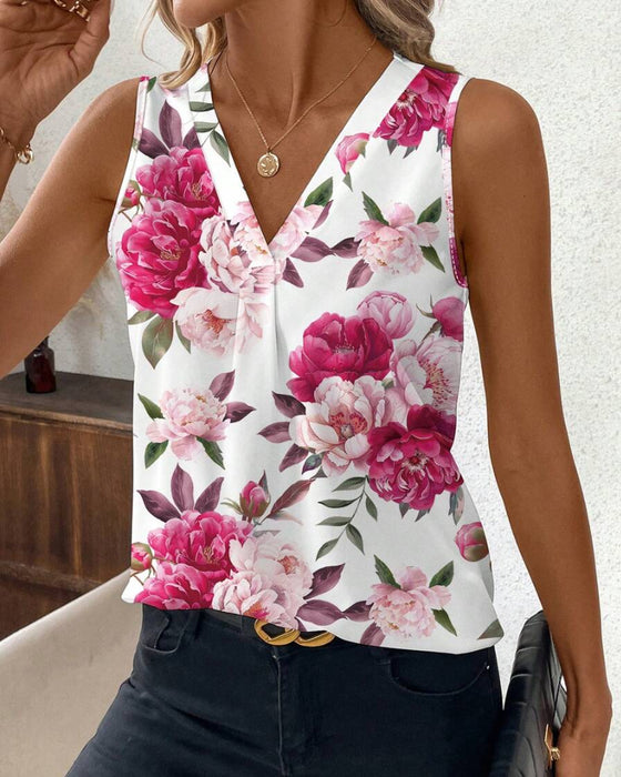 Ein Rundhalsiges Ärmelloses Bluse Mit Rosenmuster