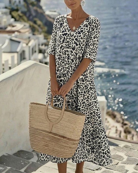 Kleider Leopard V-Ausschnitt Locker