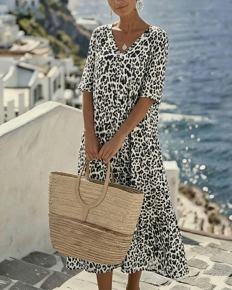 Kleider Leopard V-Ausschnitt Locker
