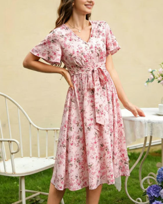 Kleid V-Ausschnitt Blumen A-Linie