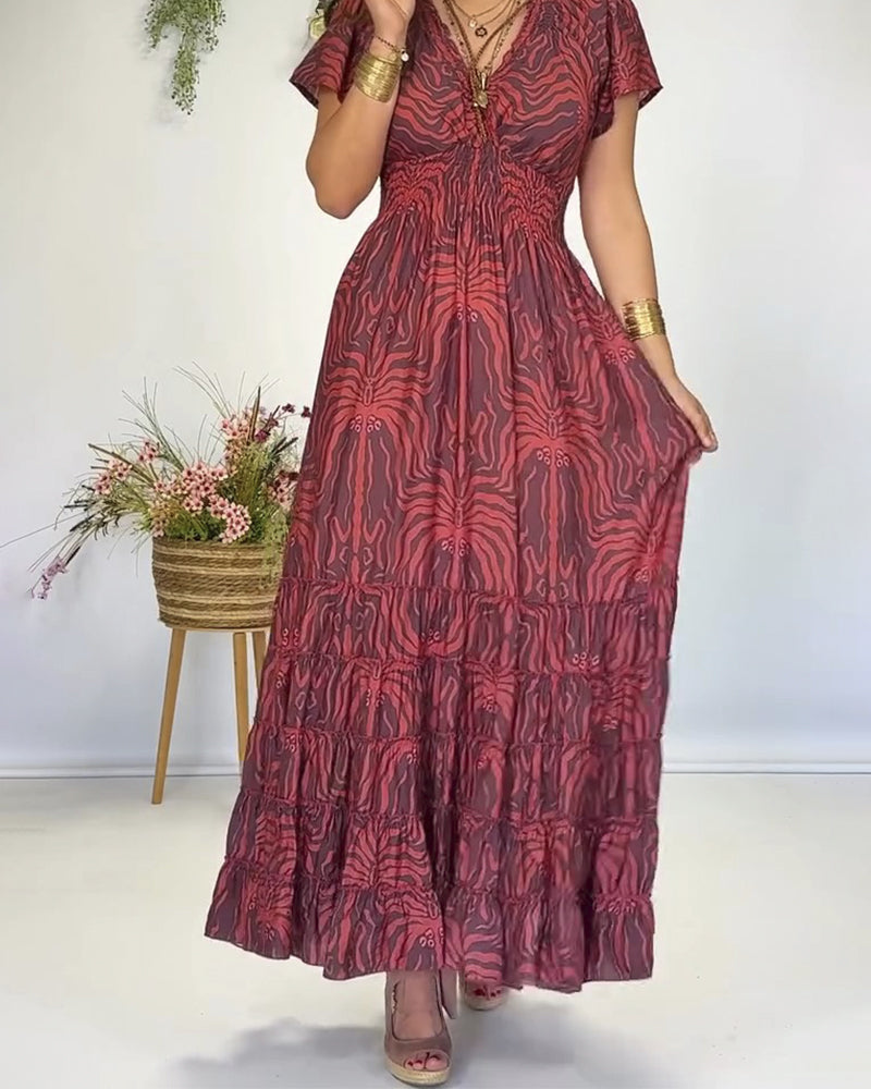 Kleid Boho V-Ausschnitt Plissiert Lang