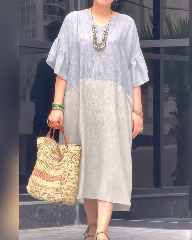 Kleid V-Ausschnitt Rüsche Ärmel Locker