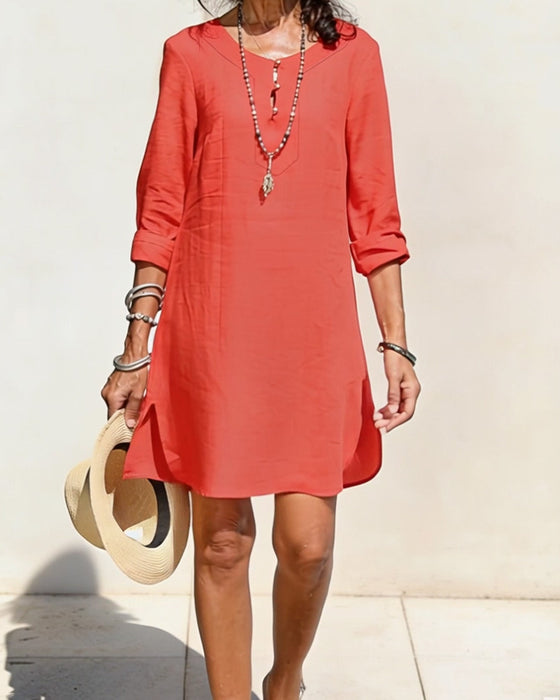 Kleid Halbe Knopfleiste Seitenschlitz Baumwolle Und Leinen