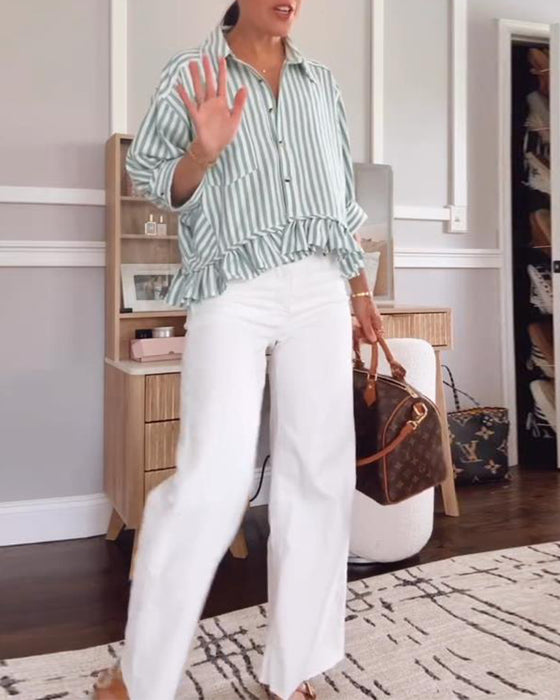 Bluse mit Revers gestreift mit Rüschen