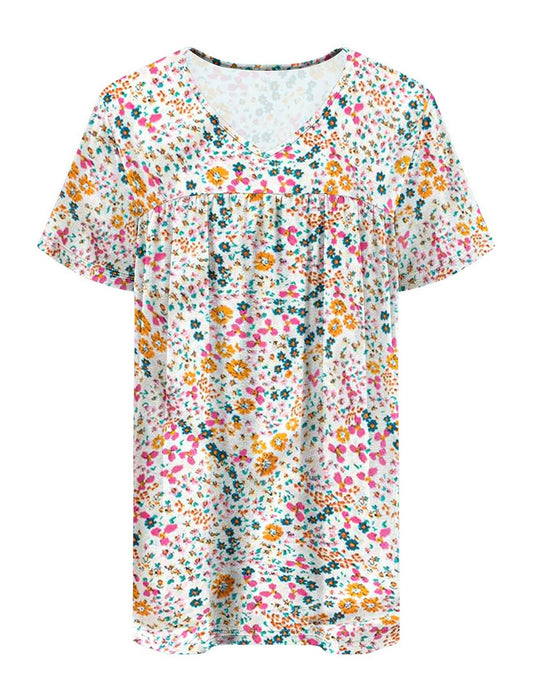 Bluse Blumenmuster V-Ausschnitt Kurzarm