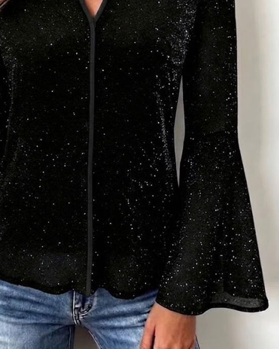 Top V-Ausschnitt Glockenärmel Slim Fit