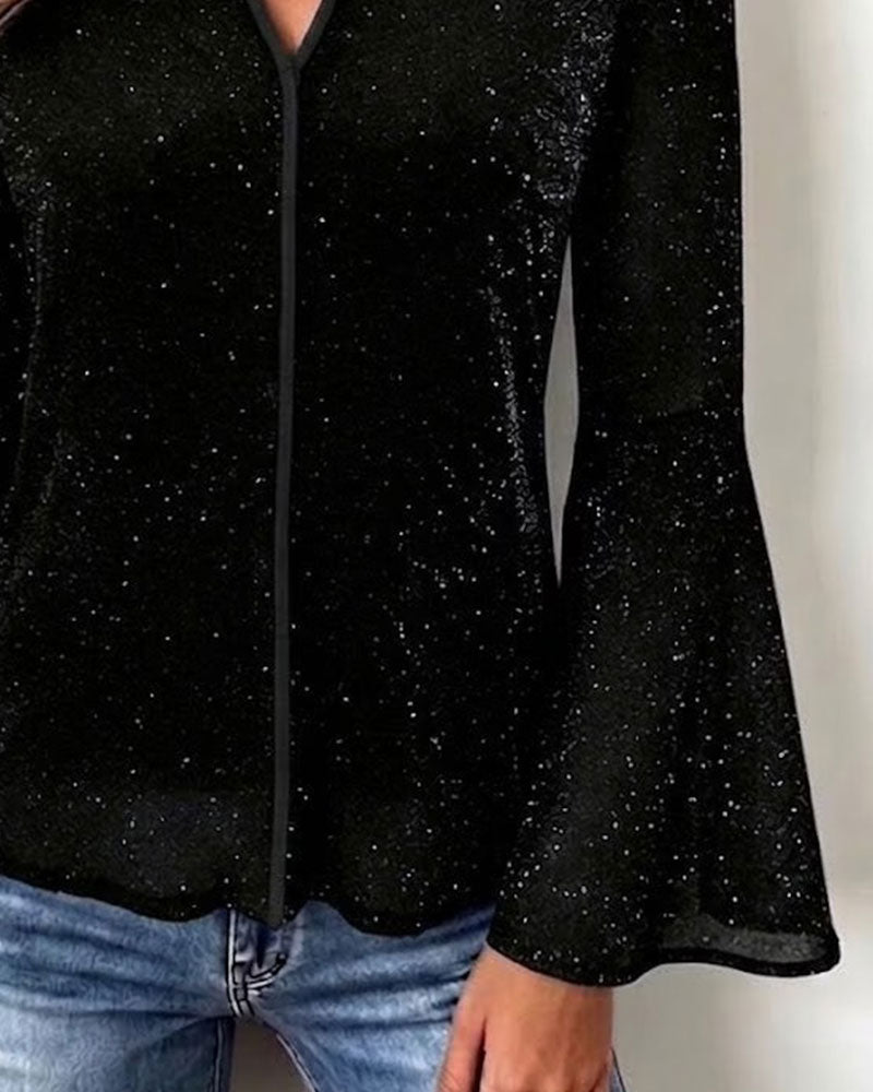 Top V-Ausschnitt Glockenärmel Slim Fit