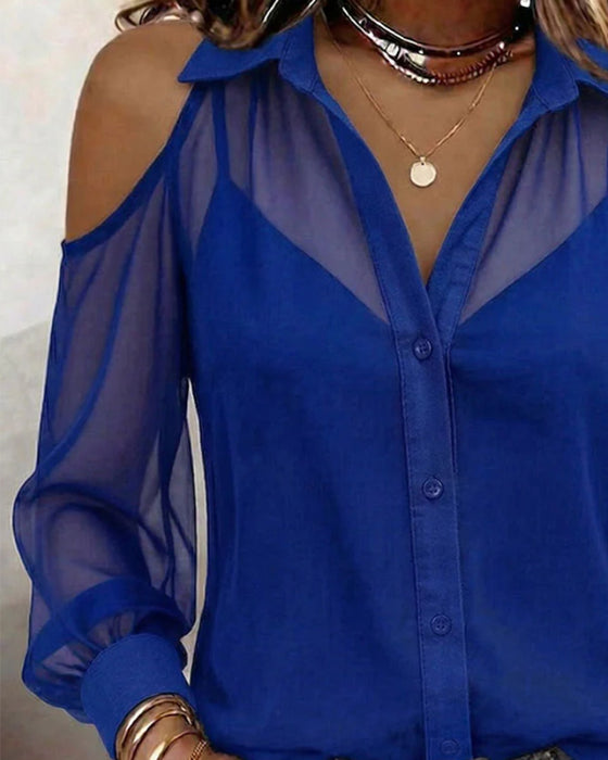 Zweiteilig Set Kragen Nackte Schulter Durchsichtig Bluse Top