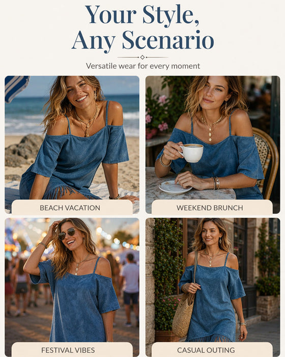 Kleid Spaghettiträger Franse Uni Off-Shoulder