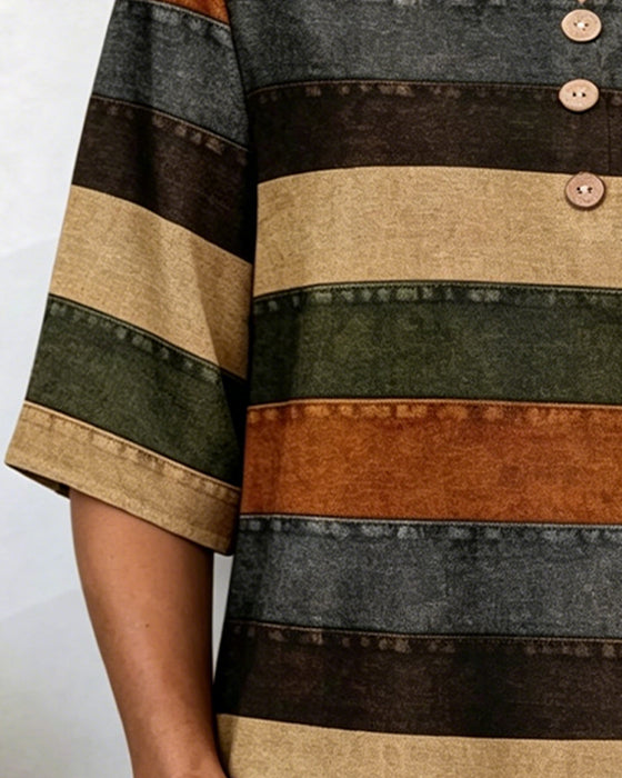 T-Shirt Knopf Patchwork Horizontaler Streifen