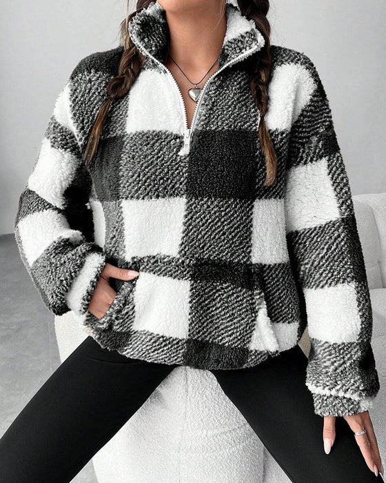 Sweatshirt Halb-Zip Stehkragen Karomuster