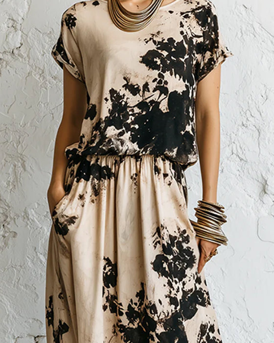 Kleid Tinte Waschen Druck Gestrickt Maxi