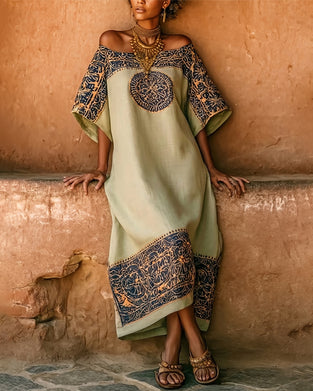 Kleid Ethno Print Off-Shoulder Lang