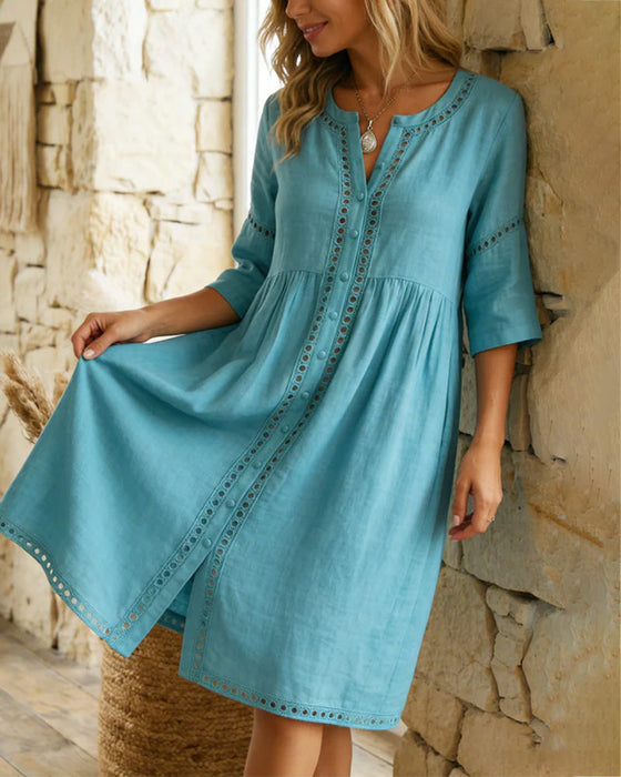 Kleid 100% Baumwolle Durchbrochen V-Ausschnitt Knopfleiste