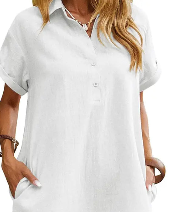 Kleid Revers Knopf Schlitz Kurzarm Lässig
