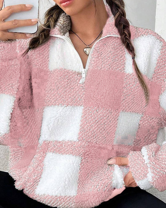 Sweatshirt Halb-Zip Stehkragen Karomuster