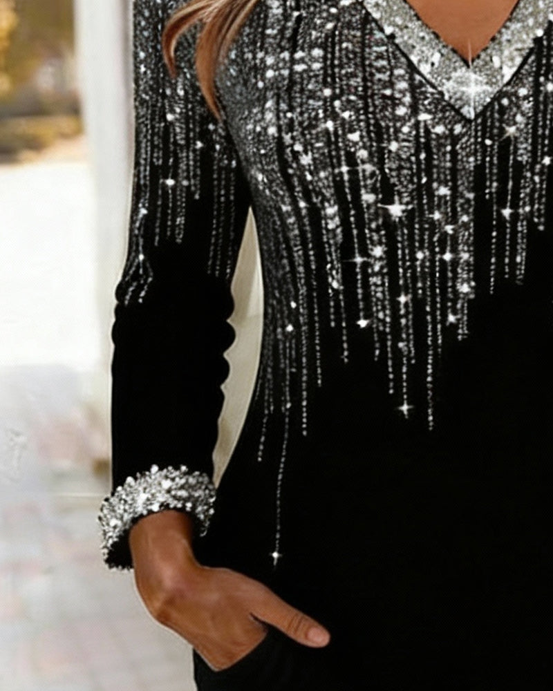 Kleid schimmernder V-Ausschnitt langärmlig