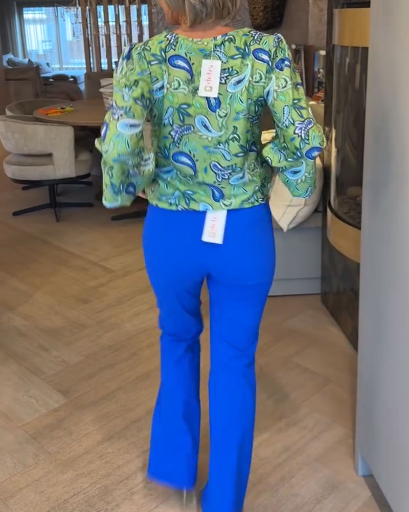 Top Wassertropfen-Druck Langarm V-Ausschnitt