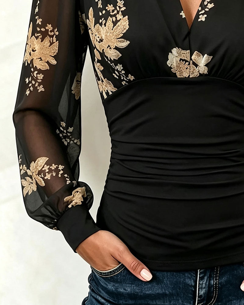 Top V-Ausschnitt Mesh Patchwork Bedruckt
