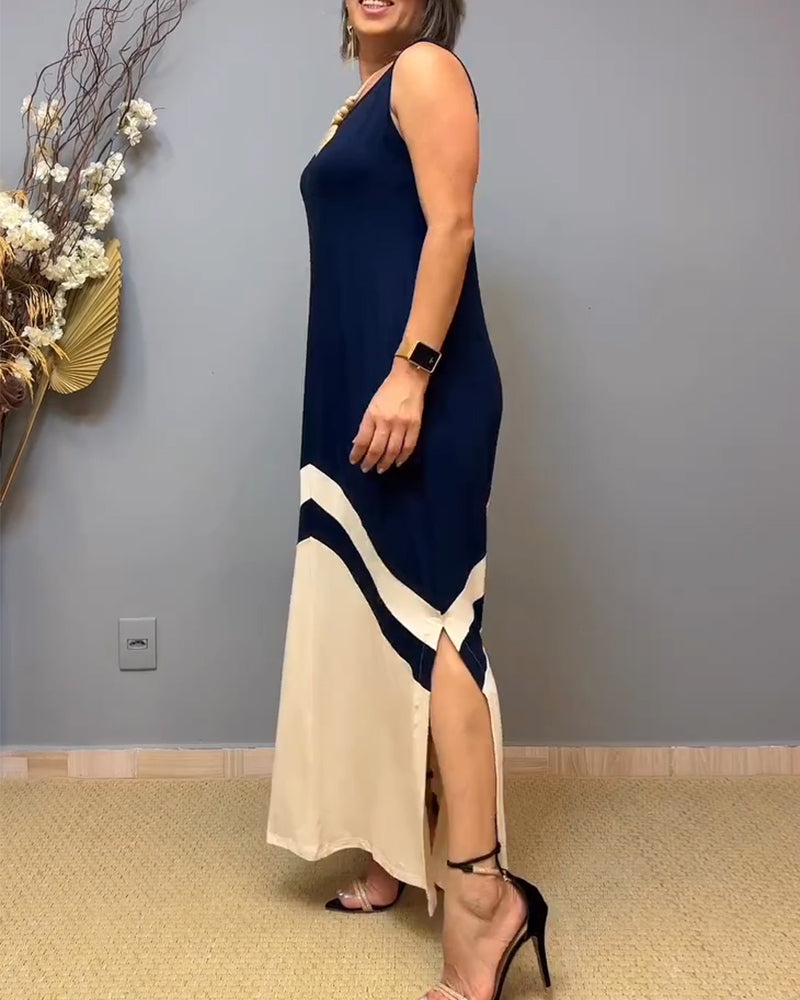 Kleid Ärmellos Kontrast Farbe Schlitz Lang