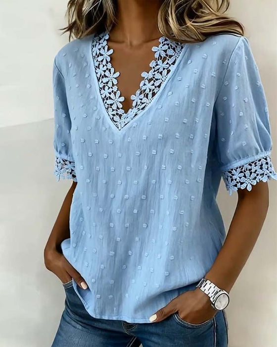 Bluse Spitze V-Ausschnitt 3D Blumig Uni