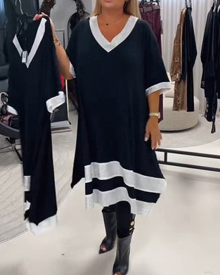 Kleid V-Ausschnitt Kurzarm Farbblock Loose Fit