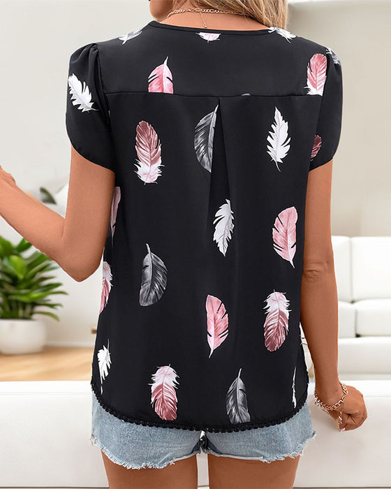 Bluse V-Ausschnitt Feder-Print