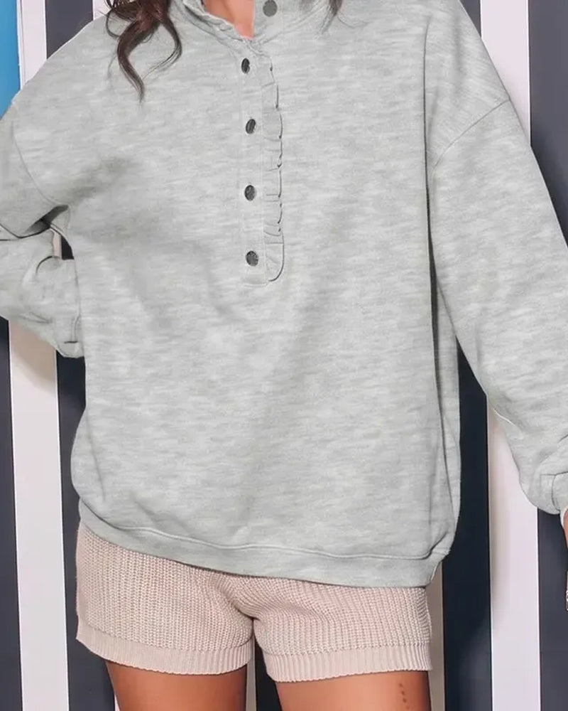Sweatshirt Rüsche Geknöpft Langarm Locker