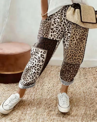 Hose Leopard Druck Karo Kontrast Patchwork Lässig