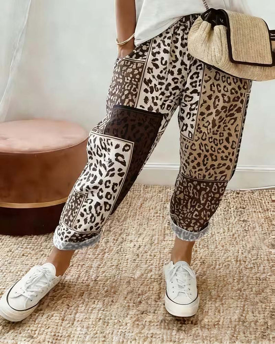 Hose Leopard Druck Karo Kontrast Patchwork Lässig