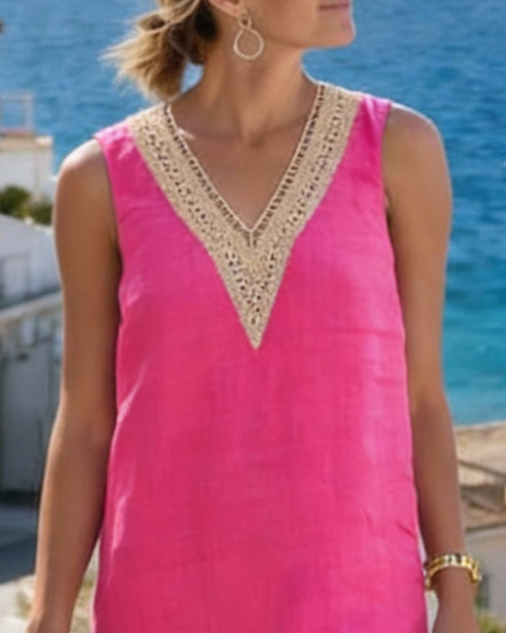 Ärmelloses Kleid Mit V-Ausschnitt Und Spitzeneinsätzen