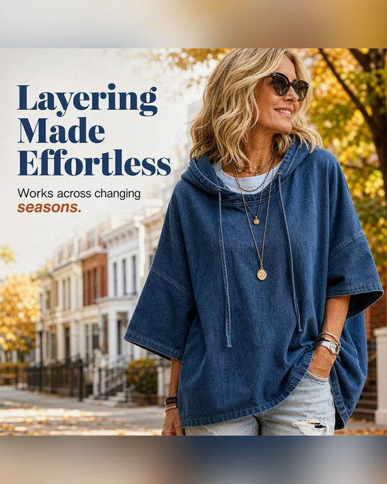 Hoodie Mit Kapuze Kordelzug Ellenbogenlang Ärmel Denim