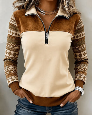 Sweatshirt Halber Reißverschluss Farbblock Vintage Patchwork