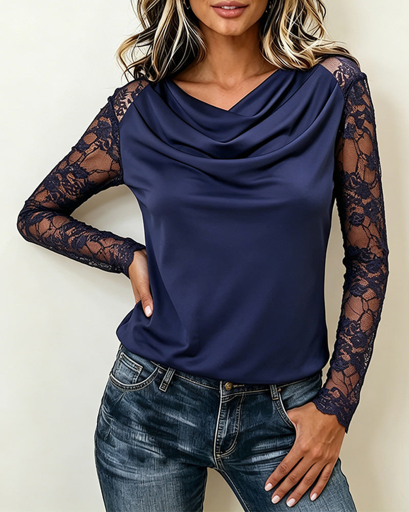 Bluse Cowl Neck Spitze Panel Langarm