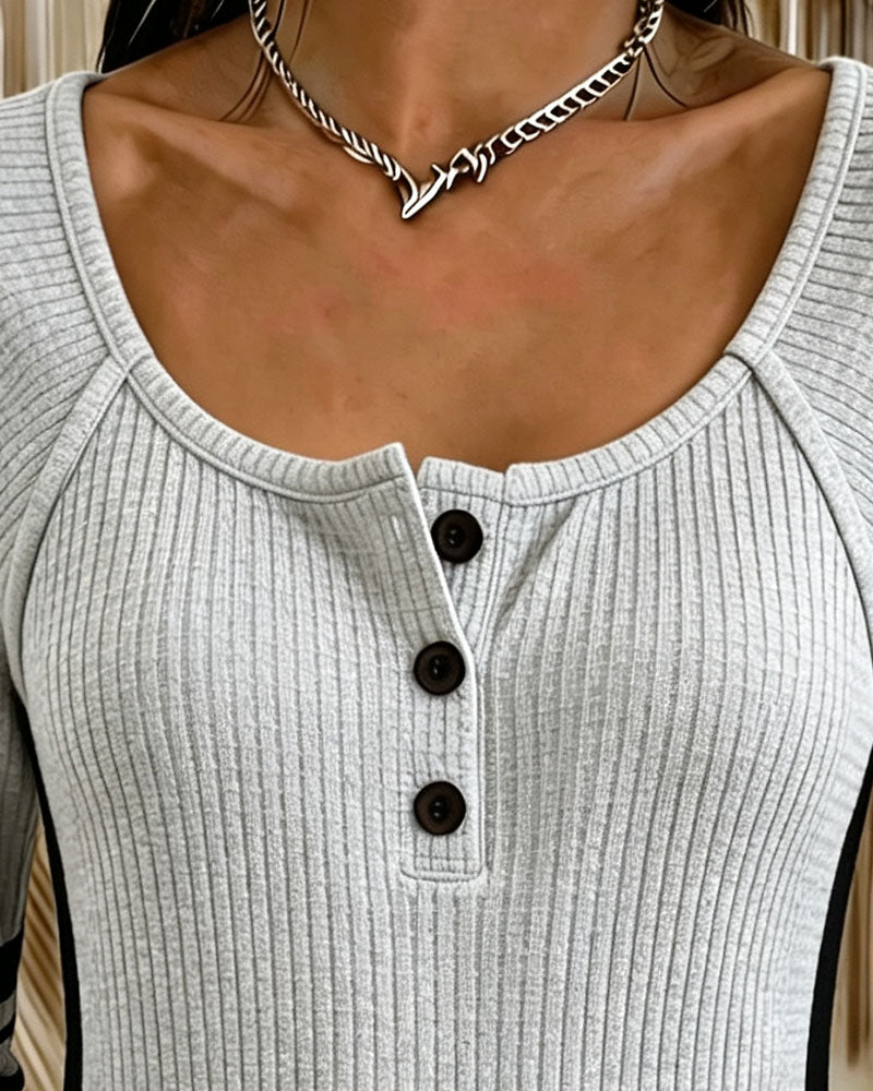 Bluse U-Ausschnitt Knopf Kontrastfarbe