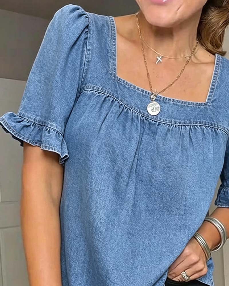 Bluse Quadratischer Ausschnitt Rüsche Denim