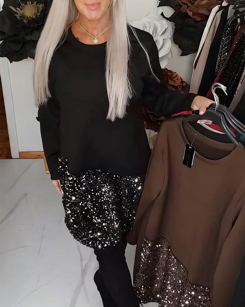 Kleid Runder Ausschnitt Langarmig Mit Pailletten Patchwork