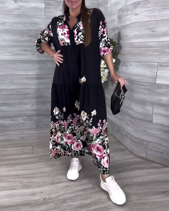 Kleid Blumenmuster Lässig Laternenärmel