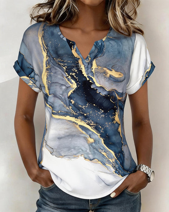 T-Shirt Marmor Druck V-Ausschnitt