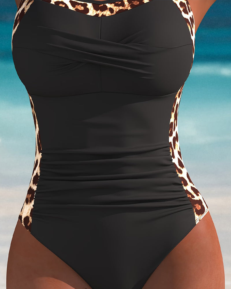 One-Piece Halter Leopard Druck Patchwork