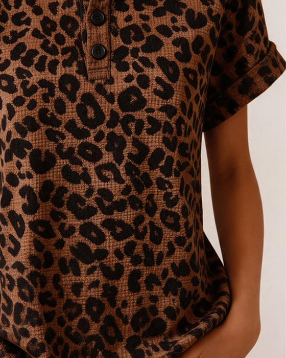 Top Henley-Ausschnitt Leopard Print Waffel
