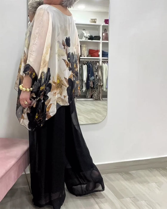 Bluse Langarm Unregelmäßig Großes Blumenmuster