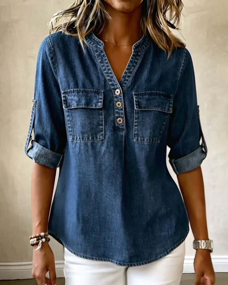 Bluse Denim V-Ausschnitt Lässig