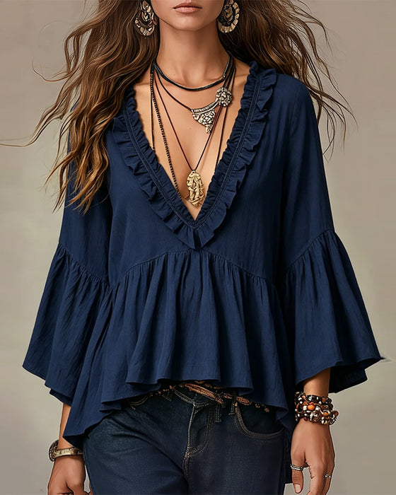 Bluse V-Ausschnitt Scallop Rüsche Besatz