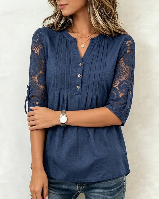 Bluse Spitze Patchwork Ärmel Gerafft