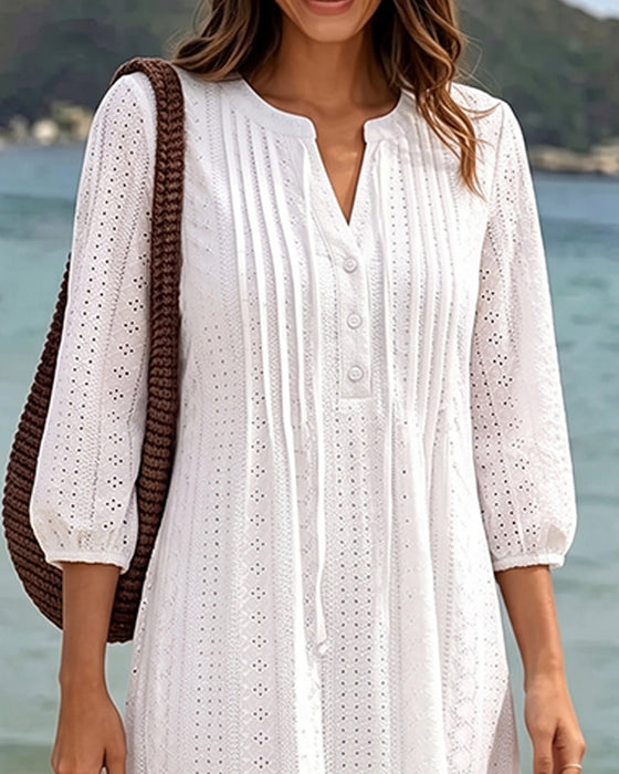 kleid v‑ausschnitt gerafft durchbrochen einfarbig