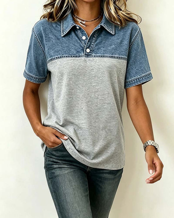 Bluse Kurzer Ärmel Hemd Kragen Denim Patchwork