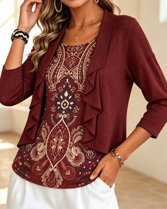 Bluse Imitation Zweiteilig Rüsche Print