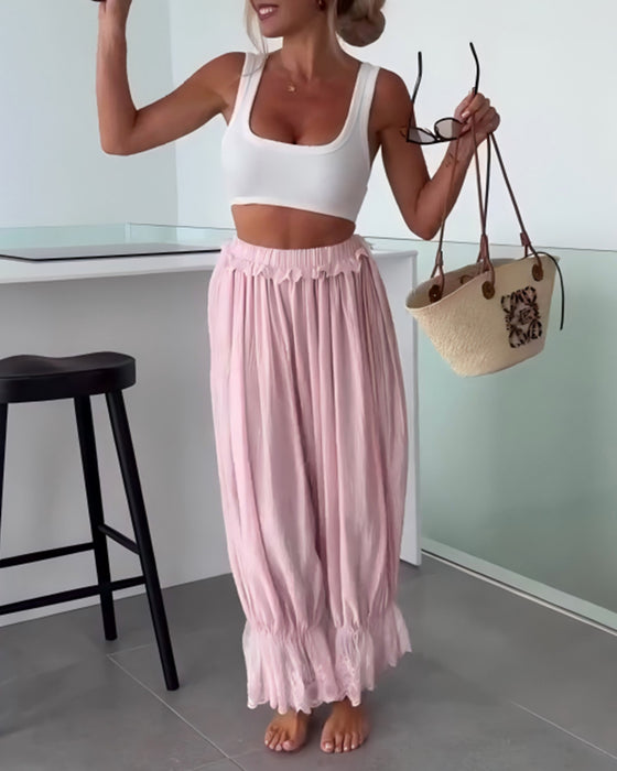 Hose Einfarbig Weit Bein Spitzenbesatz Aufgeschlagener Saum