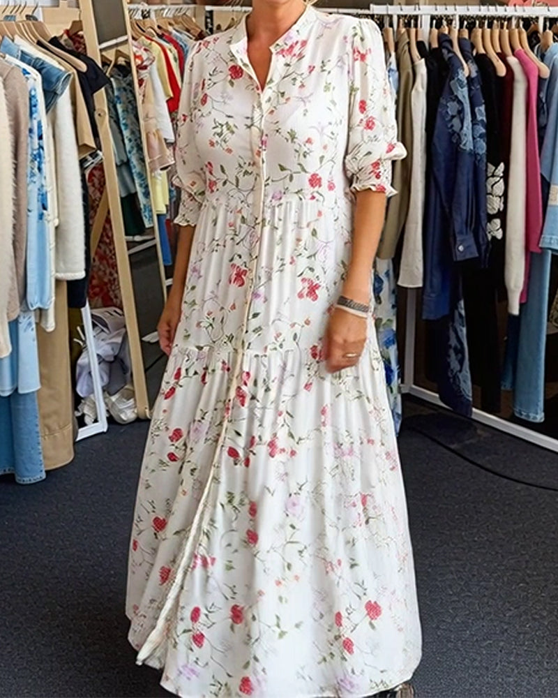 Kleid Stilvoll Blumenmuster Stehkragen